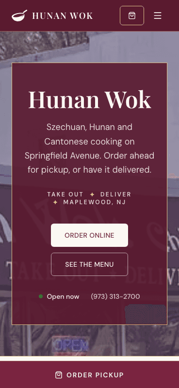Hunan Wok website shown on a phone