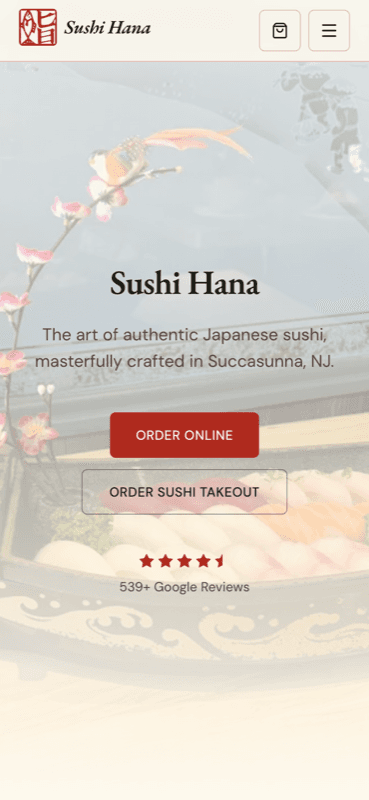 Sushi Hana website on a phone